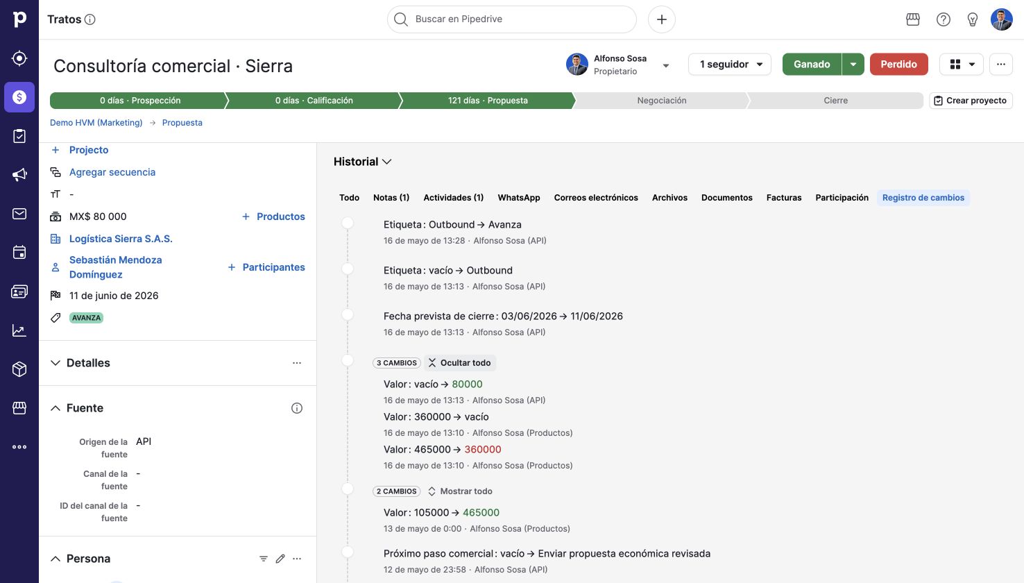 Trazabilidad para revisión de cambios. Pipedrive en una cuenta de demostración.